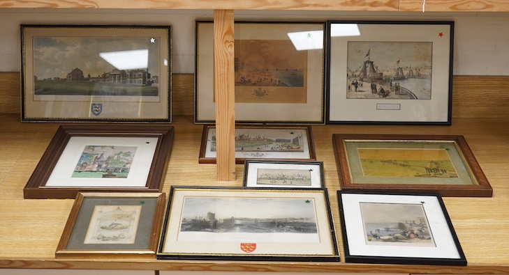 A collection of Brighton prints and engravings, mostly views of The Pavilion and Chain Pier, to include: one after J M W Turner and one after T Creswick, largest 18 x 29cm, (10). Condition - varies